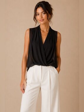 Pookie & Sebastian Black Semi-Sheer Fluid Draping Sleeveless Flowy Blouse